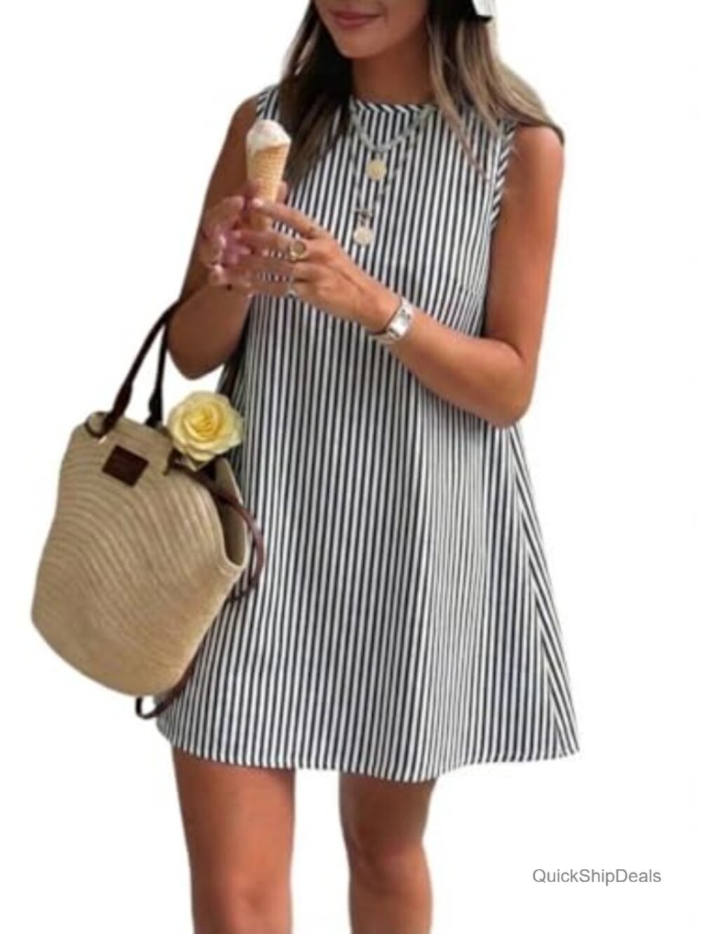 Womens Gingham Cotton Mini Sundress Sleeveless High Neck Cute Summer Beach Dress